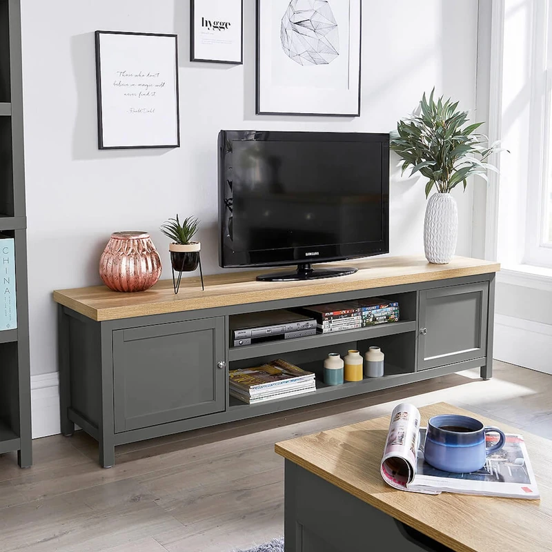 Home Source TV Stand Media Cabinet, Television Entertainment Unit, Oak Effect, Dark Grey, 180cm
