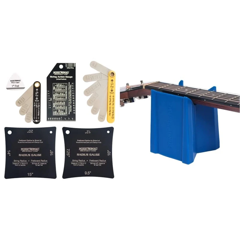 MusicNomad MN604 Precision 6 Piece Guitar Setup Gauge Tool Set - Plus 24 pg Instructional Booklet and Storage Case & Cradle Cube, Neck Rest & Support for Electric, Acoustic, & Bass Guitar, (MN206)