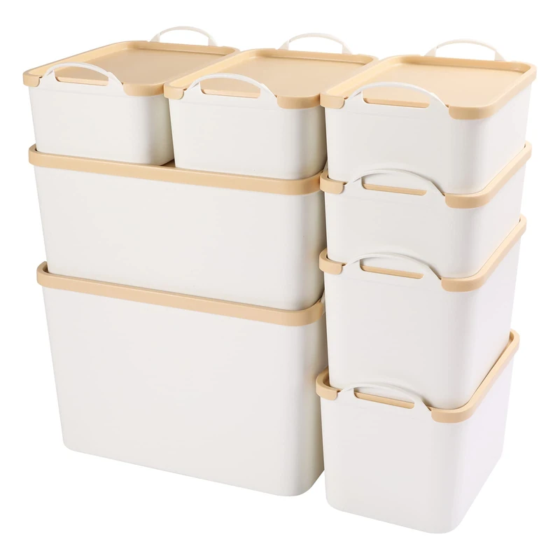 ANMINY 8PCS All-in-One Lidded Plastic Storage Bins Set White Desk Basket Box Drawer Organizer Kitchen Food Container with Handles Removable Lids Decorative Clothes Laundry Closet Cabinet Shelf Cube