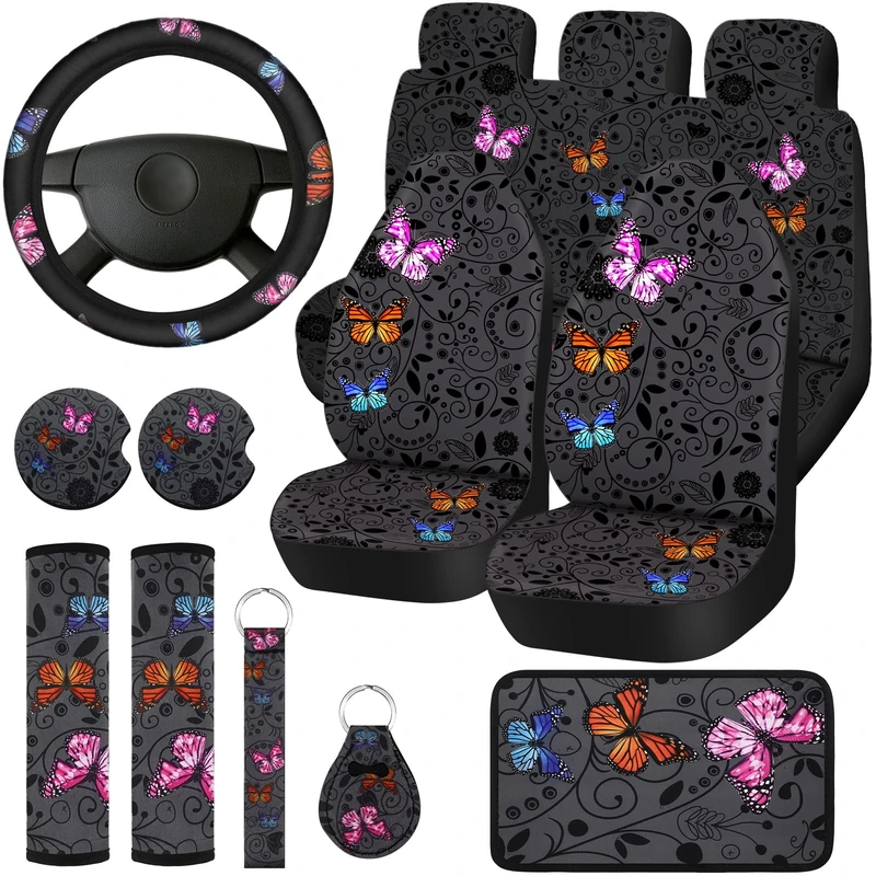 Frienda 15 Pcs Butterfly Car Seat Covers Full Set for Car Front Rear Seat Covers Steering Wheel Cover Wrist Strap Coasters Armrest and Shoulder Pads (Classic Butterfly Style)