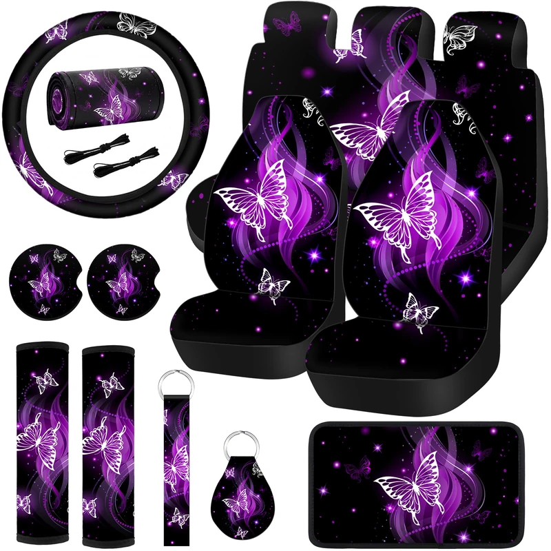 Frienda 15 Pcs Butterfly Car Seat Covers Full Set Butterfly Front Rear Seat Covers Steering Wheel Cover Wrist Strap Coasters Armrest Shoulder Pads (Purple Glitter Butterfly Style)
