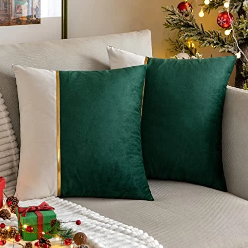 MIULEE Christmas Set of 2 Velvet Cushion Covers Gold Line Design Soft Decorative Throw Pillowcases with Invisible Zipper for Sofa Bedroom Living Room Office Home 45x45 cm 18x18 Inch Dark Green