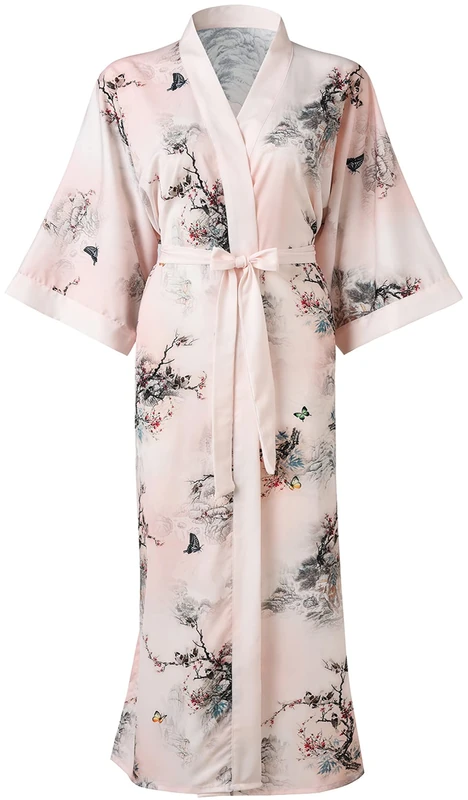 Ledamon Women's Plus Size Kimono Robe Long for Women - Pocket Floral Bathrobe Nightgown (Polyester, Pink)