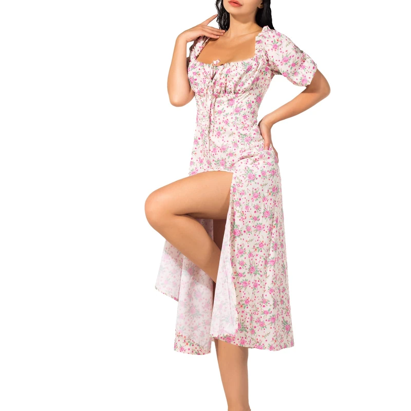 Boho Dress for Women Cottagecore Dress Maxi Dress Summer Wrap Floral Casual Vintage Square Neck Ruffle Hem Split Beach Dress