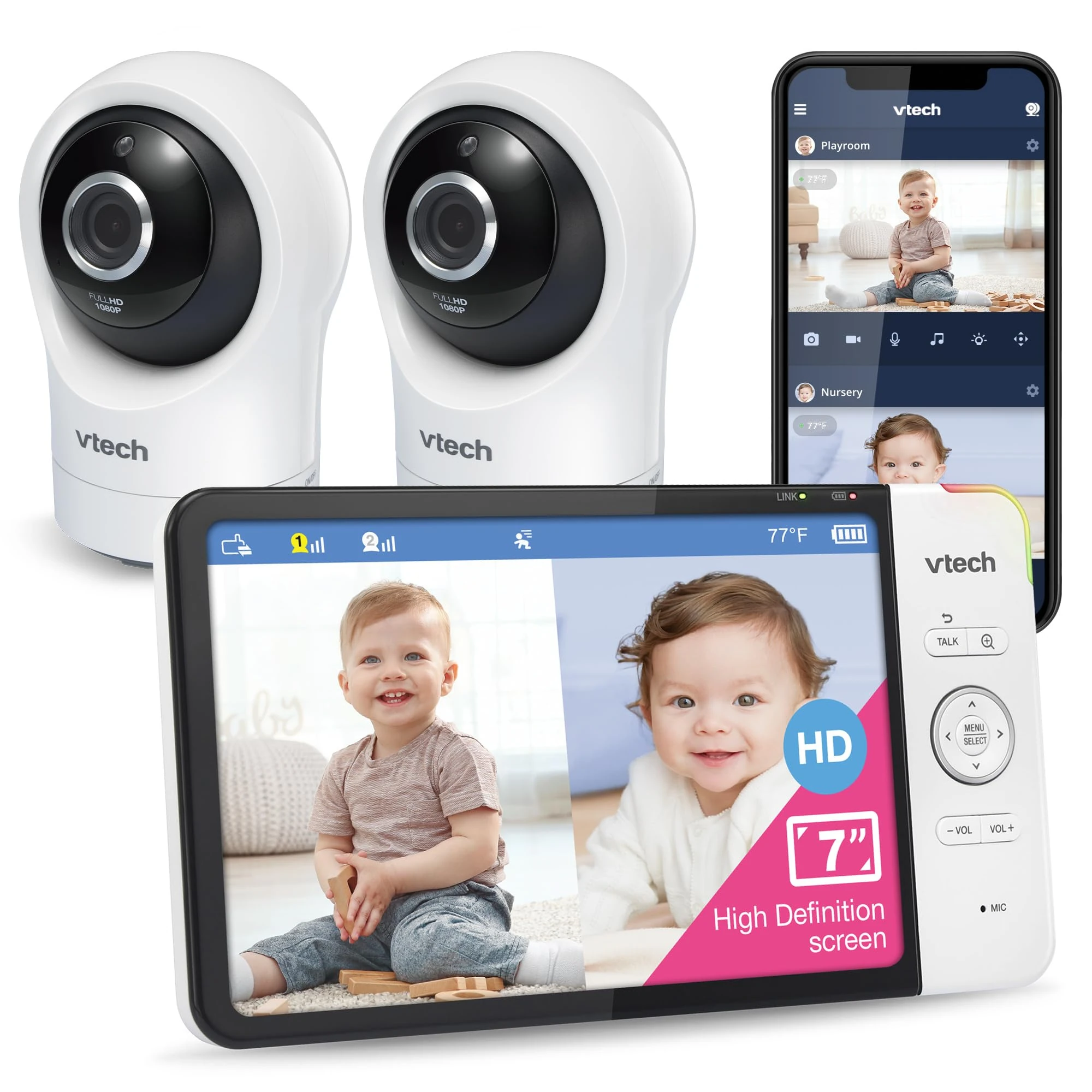 VTech RM7764-2HD 1080p Smart WiFi Remote Access 2Camera BabyMonitor, 360° Pan&Tilt, 10X Zoom, 7” 720p HD Display, HD NightVision, Soothing Sounds, 2-Way Talk, Temperature&Motion Detection, iOS&Android