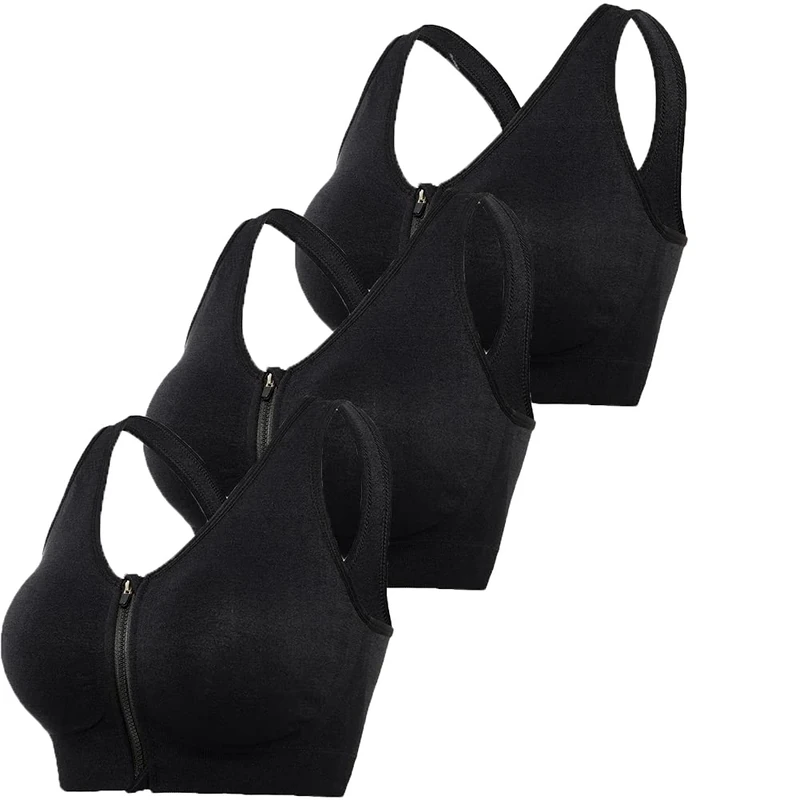 DODOING Zip Front Sports Bra Post Surgery Bra Yoga Bra Workout Fitness Activewear Racerback Padded Bras for Women（3PCS）