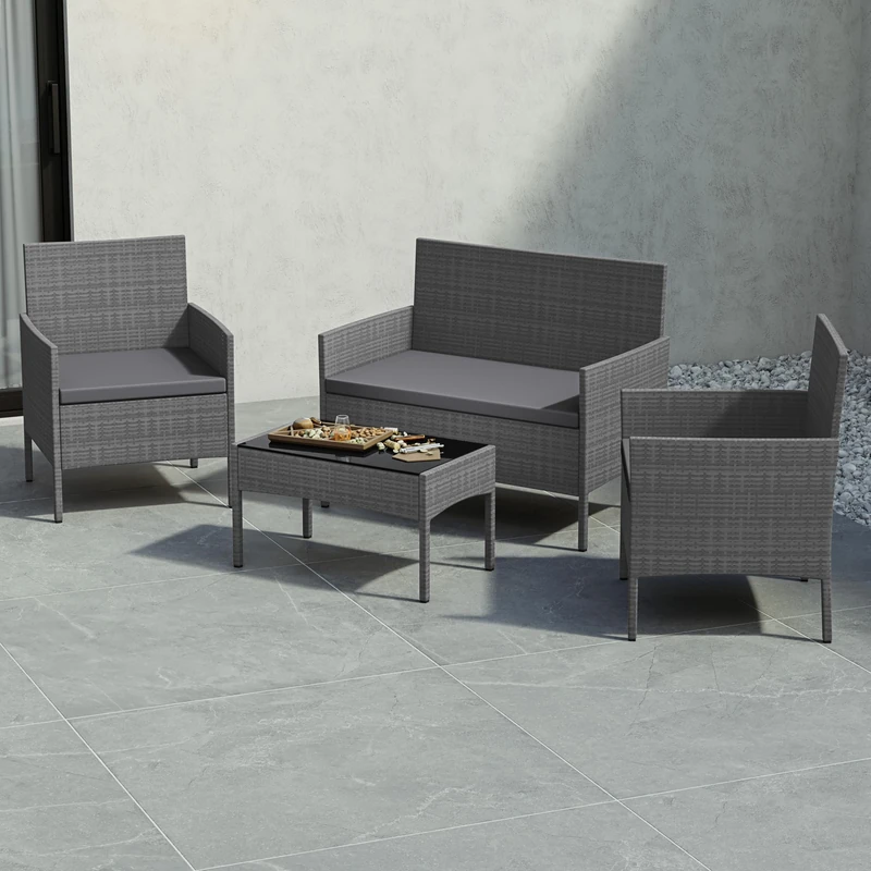 Garden Vida Kendal 4 Piece Rattan Seating Set – Grey – Complete Outdoor Garden Furniture Set – Steel Frame & PE Wicker Construction – UKFR Certified, Weather Resistant, With Cushions