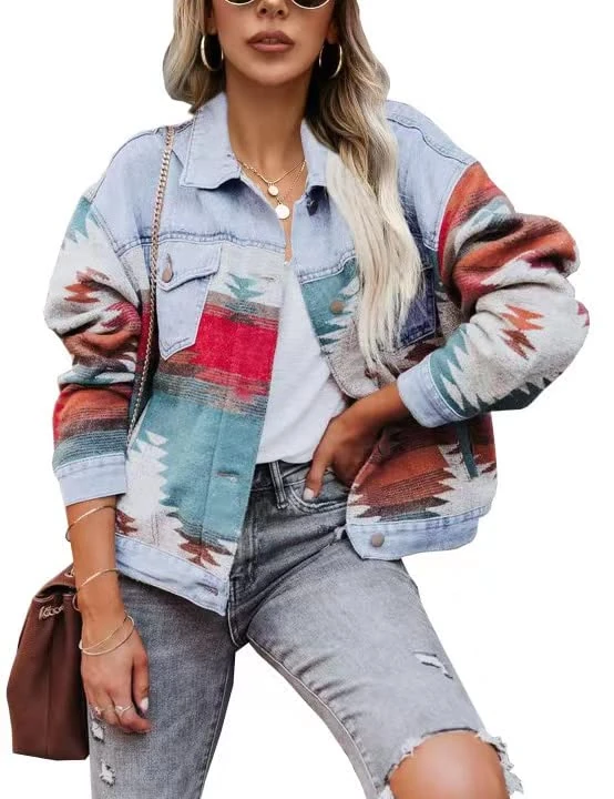 Lumister Women's Aztec Denim Jacket Distressed Lapel Long Sleeve Vintage Button Down Denim Jacket Shacket, Light Blue, XXL - Image 1