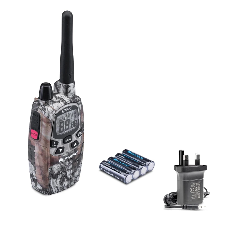 Midland - Walkie Talkie G7 Pro Mimetic, 2 Way Radio with Dual Band 16 PMR446/69 LPD Channels, UKCA Certified 10Km Range, 18H Battery, 4 Rechargeable Batteries, Clip, UK Plug Outdoor, Airsoft, Hunting