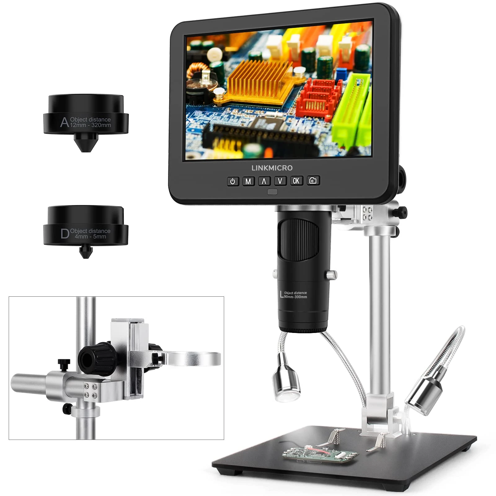 LINKMICRO LM246MS 3 Lens 7 inch HDMI Digital Microscope 2000X for Soldering with 13'' Boom Arm Stand, UHD 2160P, Error Coin Microscope Full View of Coins, Microscope Kit for Adults, PCB Repair DIY