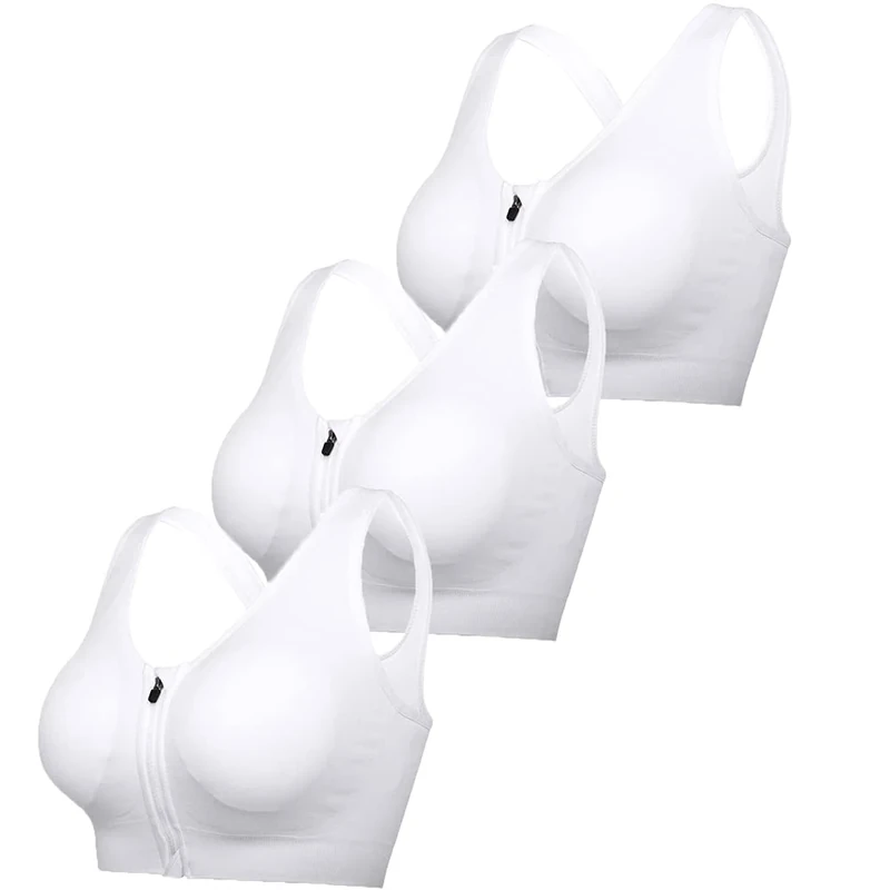 DODOING Zip Front Sports Bra Post Surgery Bra Yoga Bra Workout Fitness Activewear Racerback Padded Bras for Women（3PCS）