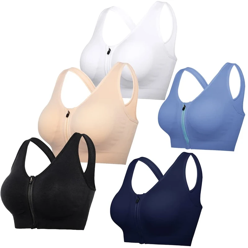 DODOING Zip Front Sports Bra Post Surgery Bra Yoga Bra Workout Fitness Activewear Racerback Padded Bras for Women（5PCS）