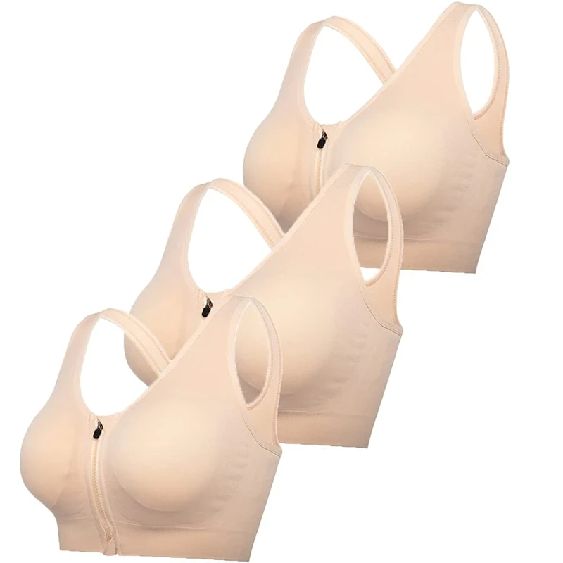 DODOING Zip Front Sports Bra Post Surgery Bra Yoga Bra Workout Fitness Activewear Racerback Padded Bras for Women（3PCS）