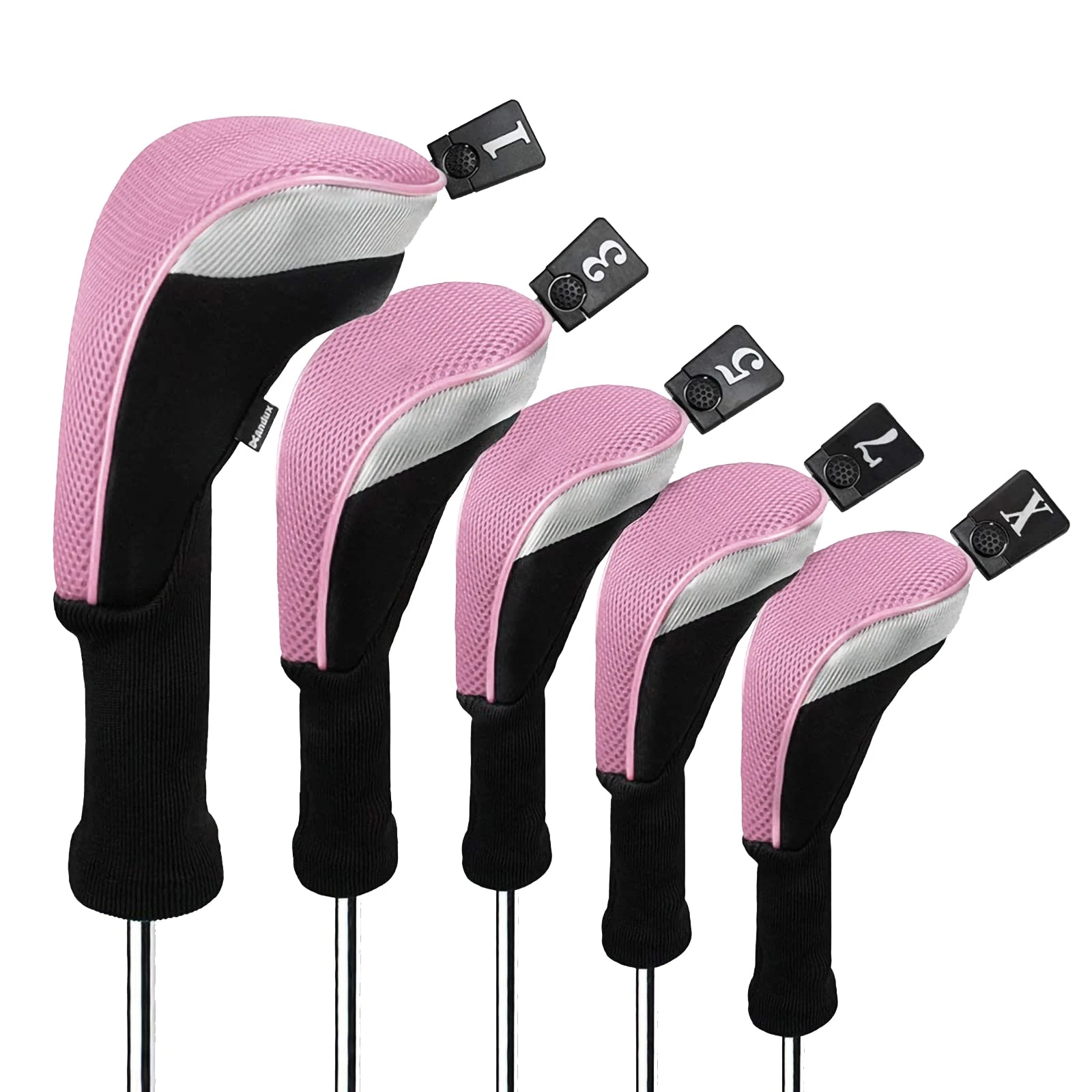 Andux 5pcs/Set Golf 460cc Driver Fairway Wood Club Head Covers Long Neck Black/Pink