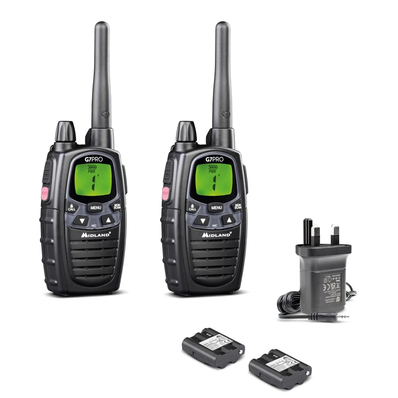 Midland - 2 G7 PRO Walkie Talkies, UKCA Certified Walkie Talkie for Airsoft & Outdoor, UK Plug, 2 Way Radio 85 Channels - 16 PMR446/69 LPD Licence-Free, 10Km Range, 18H Battery, Rechargeable Batteries