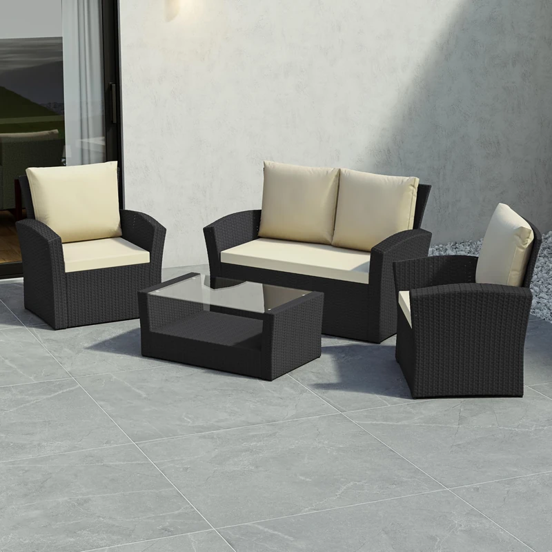 Garden Vida Mylor 4 Seater Rattan Furniture Set, Outdoor, Patio Furniture, Conservatory Sofa Set, Black (UKFR Certified)