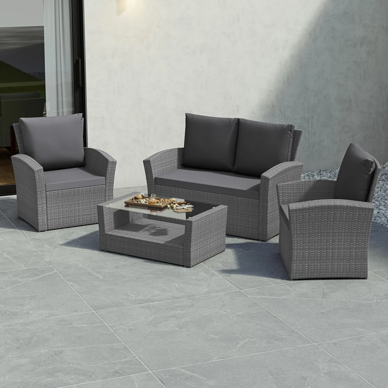 Garden Vida Mylor 4 Seater Rattan Furniture Set, Outdoor, Patio Furniture, Conservatory Sofa Set, Grey (UKFR Certified) Garden Furniture