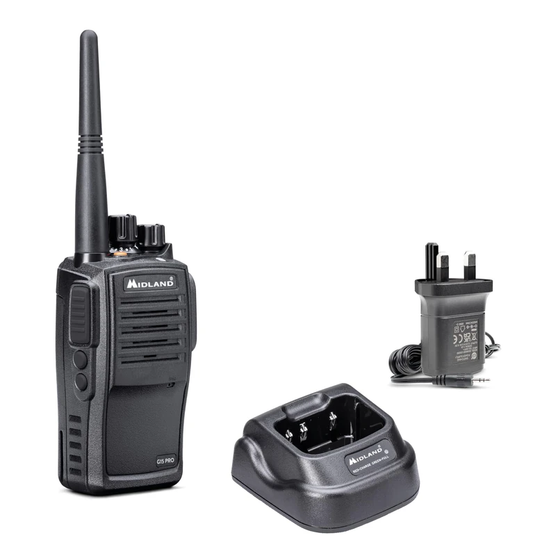 Midland - Walkie Talkie G15 Pro with UK Plug, 2 Way Radio with 32 PMR446 Channels, IP67 Waterproof, Rechargeable Lithium Battery, VOX, UK Wall Charger, Survival Equipment for Hunting, Airsoft, Outdoor