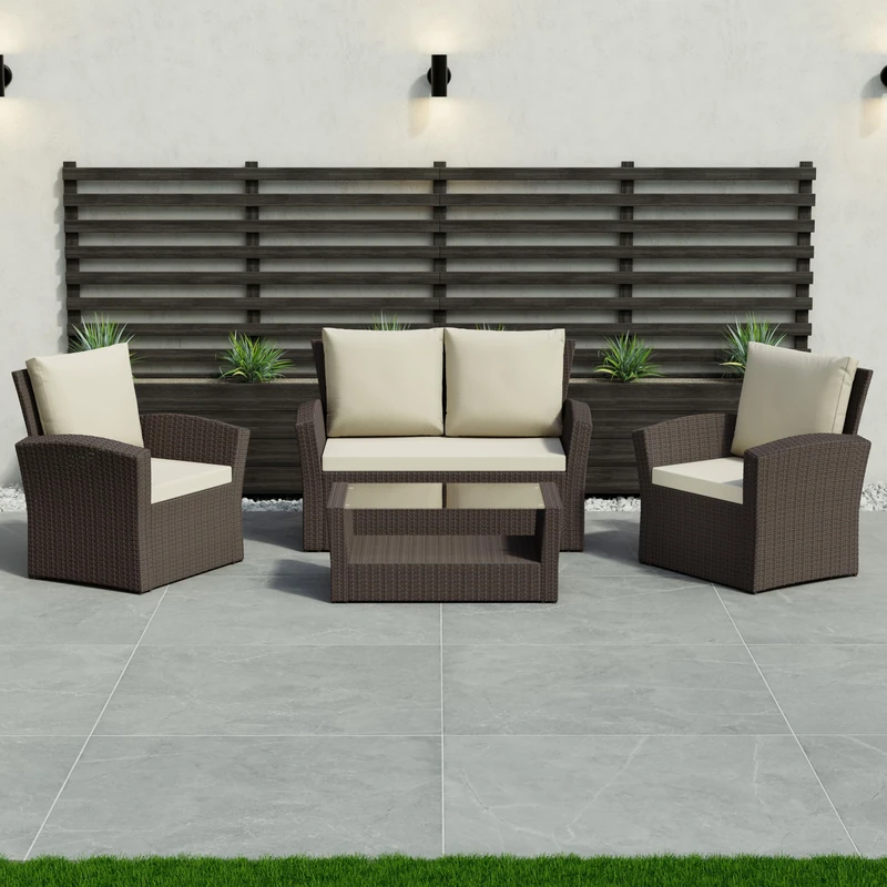 Garden Vida Mylor 4 Seater Rattan Furniture Set, Outdoor, Patio Furniture, Conservatory Sofa Set, Brown (UKFR Certified) Garden Furniture