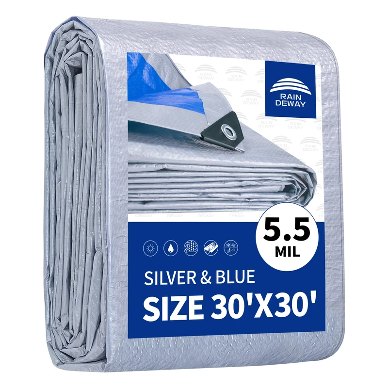 RAINDEWAY Large Tarps 30x30 Feet, 5.5 Mil - Multipurpose Waterproof Poly Tarp Cover with Metal Grommets and Reinforced Edges, Silver/Blue Tarp