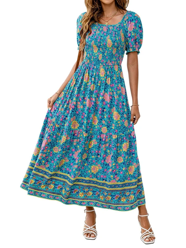 ZESICA Women's 2023 Summer Boho Floral Print Square Neck Ruffle Swing Beach Long Maxi Dress, LightGreen, S - Image 1