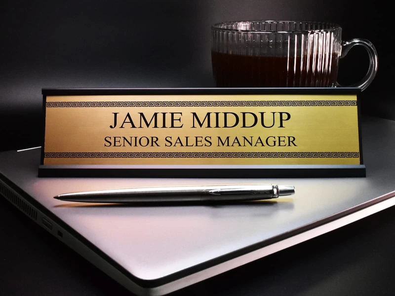 Badgemaster Custom Personalised Engraved Gold Aluminium Office Home Desk Name Plaque Decorated Silver Front Plate Bespoke Modern Gift Teacher Graduate Manager Assistant Executive