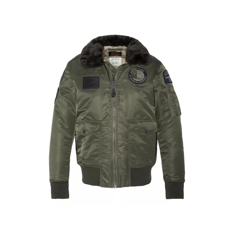 Schott NYC OHARAVINTRS Pilot Jacket with Badges and Collar Removable Faux Fur Schott Army Khaki Medium Adult