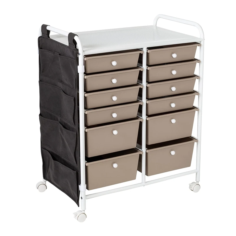 Honey-Can-Do 12-Drawer Metal Rolling Storage Cart with Side Pockets, Steel, White