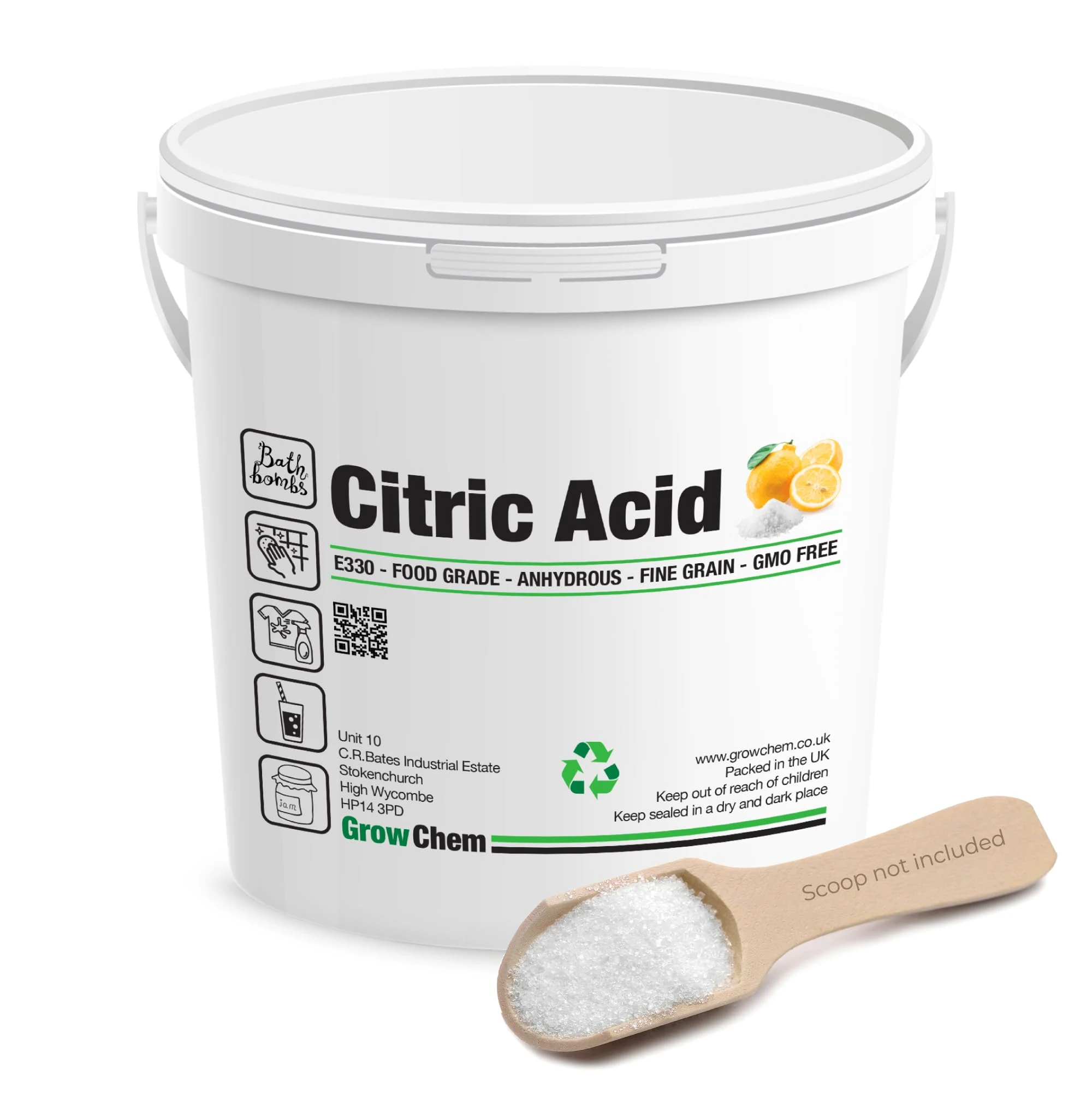 Grow Chem Citric Acid – Anhydrous Form, 1KG Bucket for Cleaning, Descaling, Food Preservation