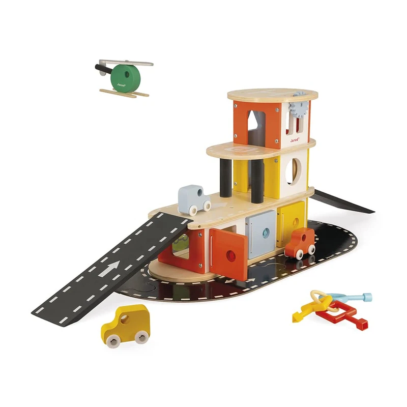 Janod - Bolid Solid Wood Garage - 3 Cars & 1 Helicopter Included - Key Box Function - Imagination & Fine Motor Skills - FSC-Certified - Water-Based Paints - 2 Years +, J04636