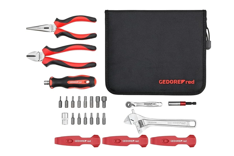 GEDORE red Professional Bicycle Tool kit for Workshop, 25 Pieces, Adjustable Spanner, Bit Screwdriver 1/4″, Universal Repair kit with Bike Tool Bag