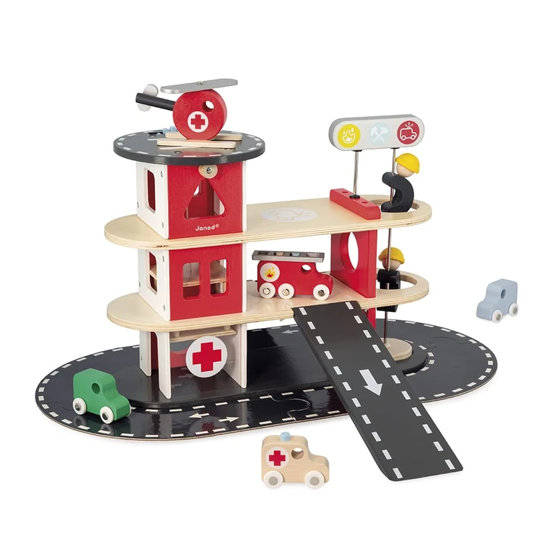 Janod - Bolid Wooden Fire Station - 5 Vehicles Included - Imagination and Fine Motor Skills - FSC-Certified - Water-Based Paints - 2 Years +, J04639