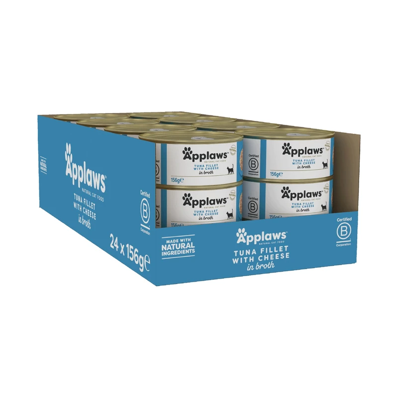 Applaws 100% Natural Wet Cat Food, Tuna Fillet with Cheese in Broth for Adult Cats (Pack of 24 x 156g Tins)
