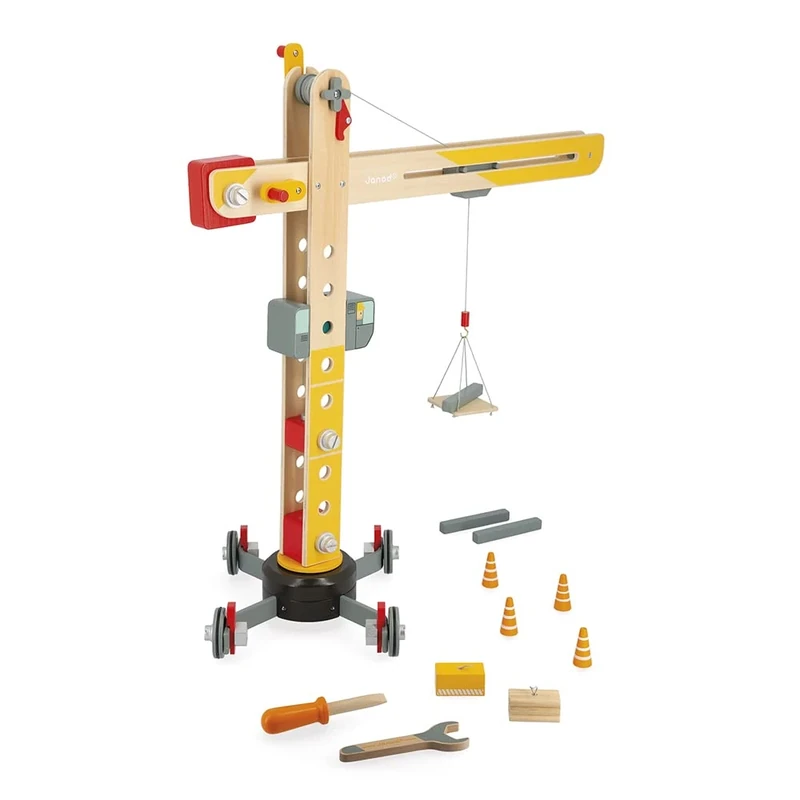 Janod - Large 74 cm-Tall Wooden Crane - Pretend Play Toy - Construction Game - 360° Rotation and Mobile - 12 Accessories Included - FSC-Certified - 3 Years +, J06468