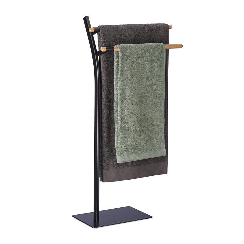 Relaxdays Free-Standing Towel Holder, HxWxD: 83.5 x 51.5 x 20cm, 2 Rails, Drying Stand, Rubberwood & Steel, Black/Brown