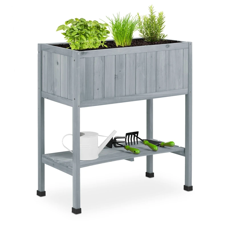 Relaxdays Raised Wooden Planter, Flower Bed on Legs, HWD 80.5 x 74 x 38 cm, with Liner, Balcony & Patio, Garden, Grey