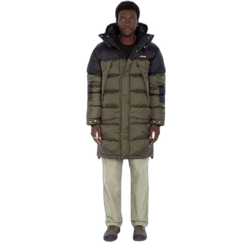 Schott NYC Ontario Schott Hooded Down Jacket, Black/Khaki, L for Adults