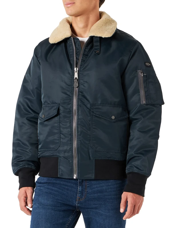 Schott NYC Oharars Schott Pilot Jacket with Faux Fur Detachable Collar, Navy/Beige, XL