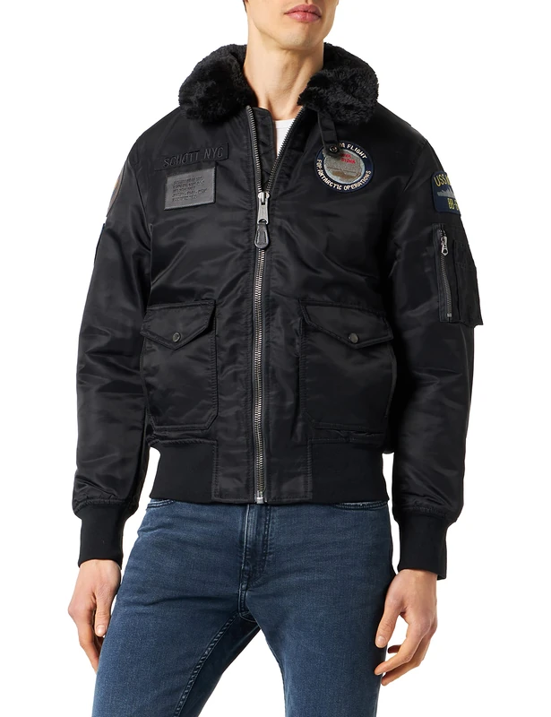 Schott NYC OHARAVINTRS Pilot Jacket with Badges and Removable Faux Fur Collar Schott, Black, Medium for Adult