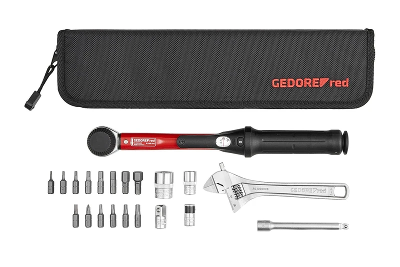 GEDORE red Bicycle Tool kit, 1/4″ Torque Wrench, 21 Pieces, 2.5-25 Nm, 3/8″ Adapter, Universal Joint Extension, Bits, Repair Set with Bike Tool Bag