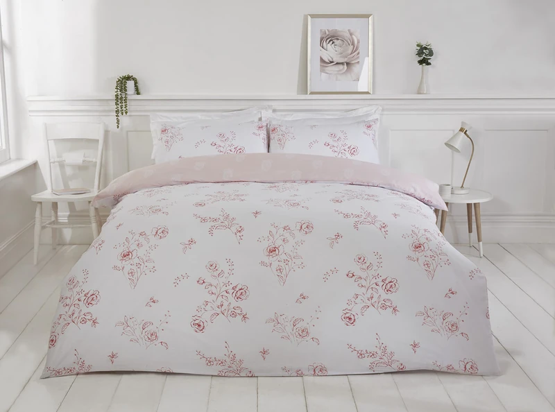 Rapport Home Pink Floral Duvet Cover Set - White Reversible Eco-Friendly Bedding Set - 3Pcs Super King Size Quilt Cover Featuring Roses and Paisley Motif