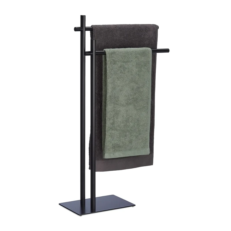 Relaxdays Free Towel Holder, HxWxD: 87.5 x 51 x 20 cm, 2 Rails, Drying Stand in Industrial Style, Steel, Black