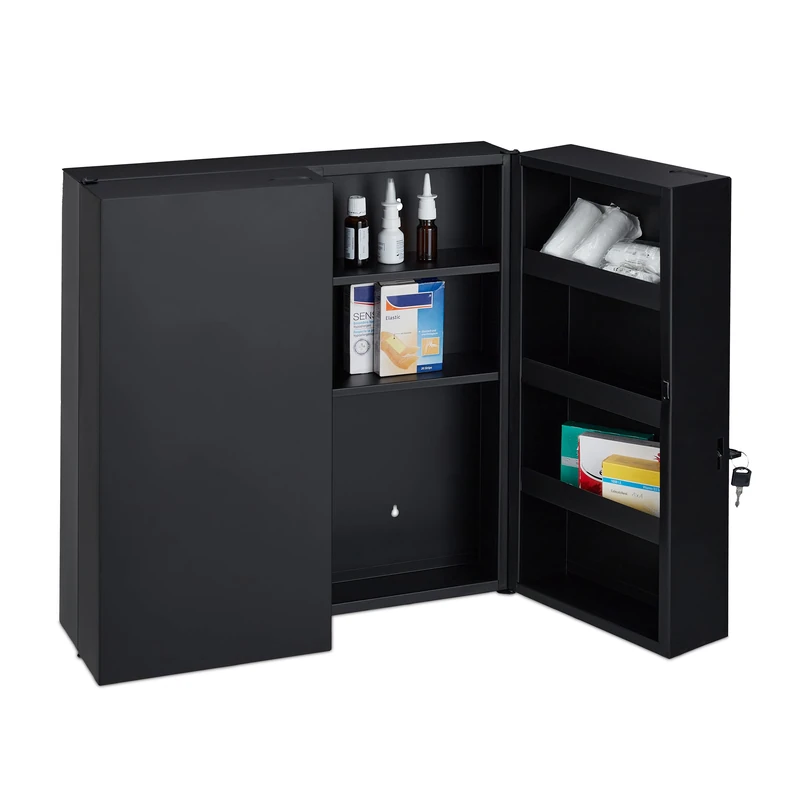 Relaxdays Medicine Cabinet, Lockable, 11 Compartments, Steel, HWD: 53.5x53x19 cm, Medication Storage Cabinet, Anthracite