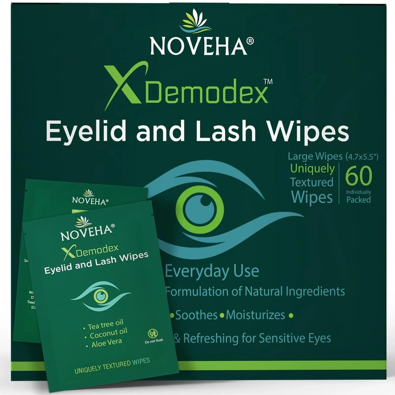 NOVEHA Demodex Eyelid & Lash Wipes | Box Of 60 Individually Wrapped Extra Strength Cleansing Eyelash Wipes - Battle Itchy & Irritated Eyes associated with Demodex Mites, Naturally Remove debris