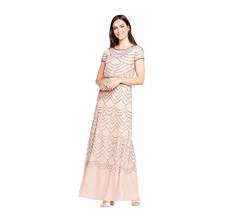 Adrianna Papell Women's Short Sleeve Blouson Beaded Gown Dress, Taupe/Pink, 24