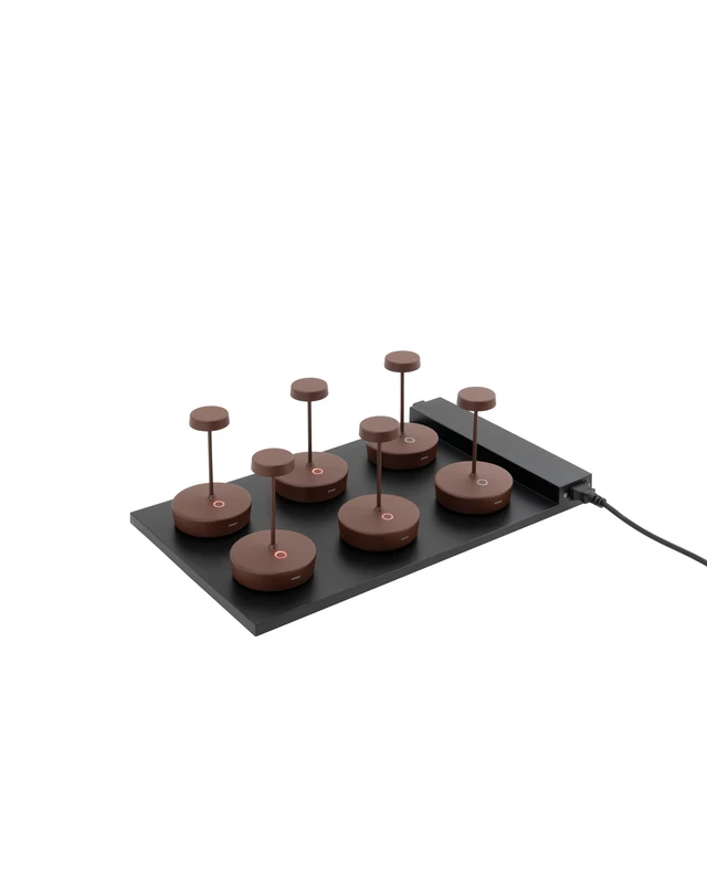 Zafferano, Set 6 Swap Mini Lamps + Multiple Charging Base + UK Adapter, Rechargeable Table Lamps, Cordless with Touch Control, Restaurants and Outdoors, Dimmer, 2200-3000 K, H. 14,8 cm, Corten Colour