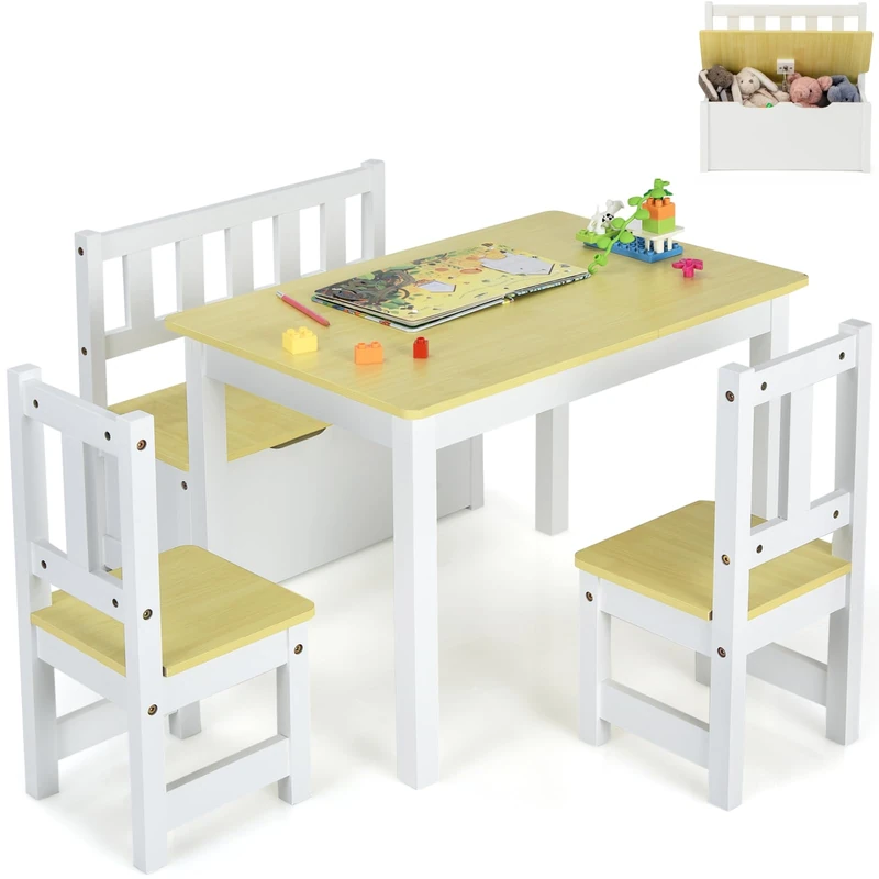 GYMAX Wooden Kids Table and Chair Set, Children Activity Desk with 2 Chairs & Storage Bench, 4-Piece Toddler Furniture Set for Arts Crafts Reading Eating (Natural)