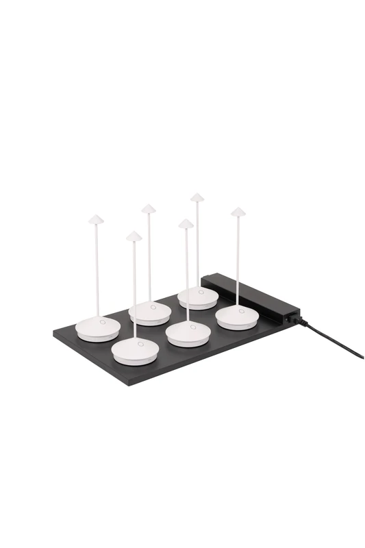 Zafferano, Set 6 Pina Lamps + Multiple Charging Base + UK Adapter, Rechargeable Table Lamps, Cordless with Touch Control, Restaurants and Outdoors, Dimmer, 2200-3000 K, H. 29 cm, White Colour