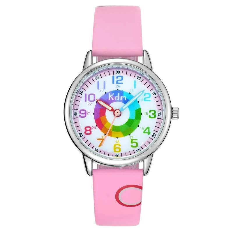KDM Kids Watches for Girls Boys Ages 5-7 Waterproof Learning Time Leather Luminous Analogue Quartz Pink