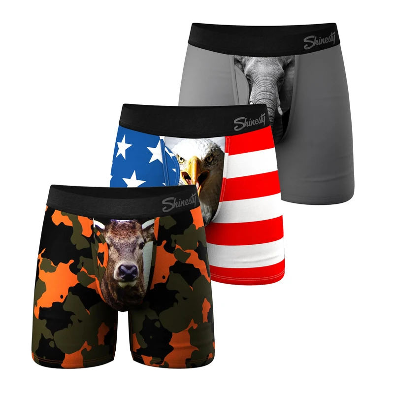 Shinesty Hammock Support Mens Pouch Underwear | Boxer Briefs with Fly | 3 Pack, Deer Camo/Mascot/Elephant, XL
